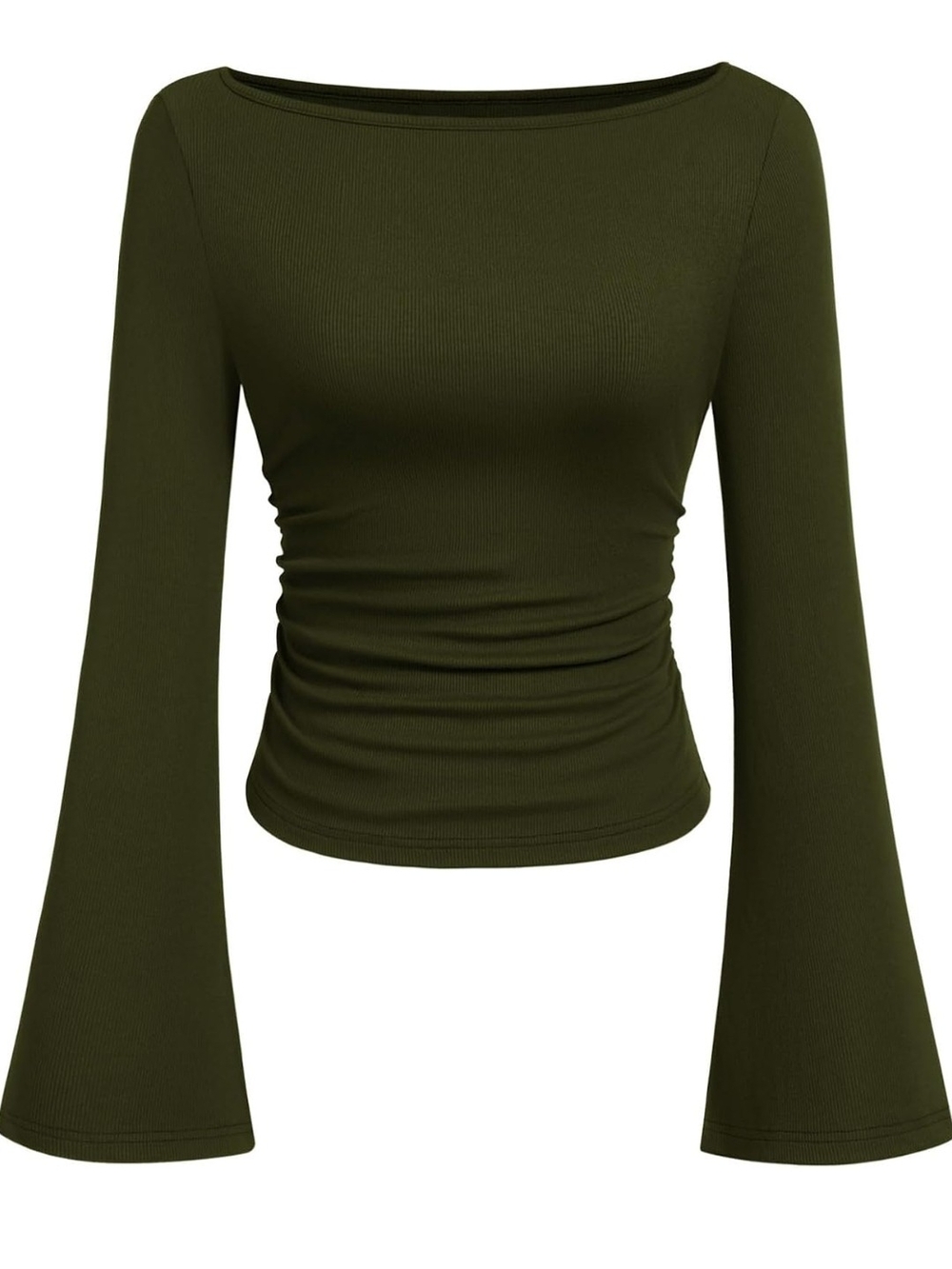 Olive Green Ribbed Boatneck Long-Sleeve Top with Bell Sleeves